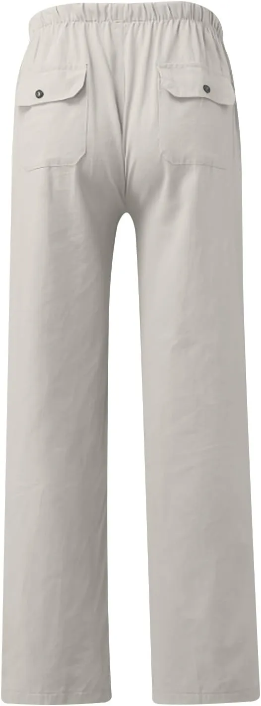 Mens Casual Pants Linen Pants Summer Beach Pants Drawstring Yoga Pants Soft Elastic Waist Pants