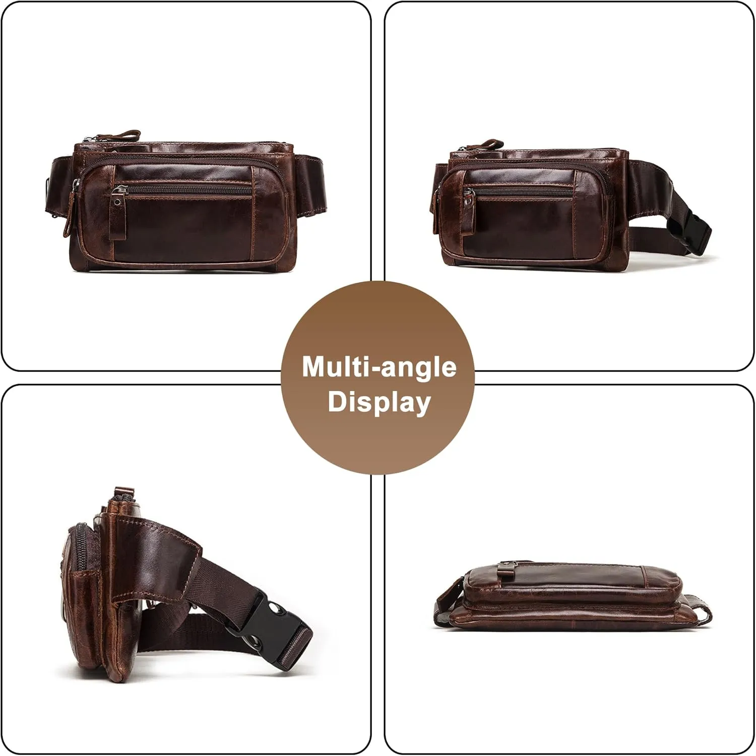 Men's Genuine Leather Fanny Pack and Hip Bum Bag Waist Packs Sling Bag for Cycling Running Hiking Travel Carrying (Brown)