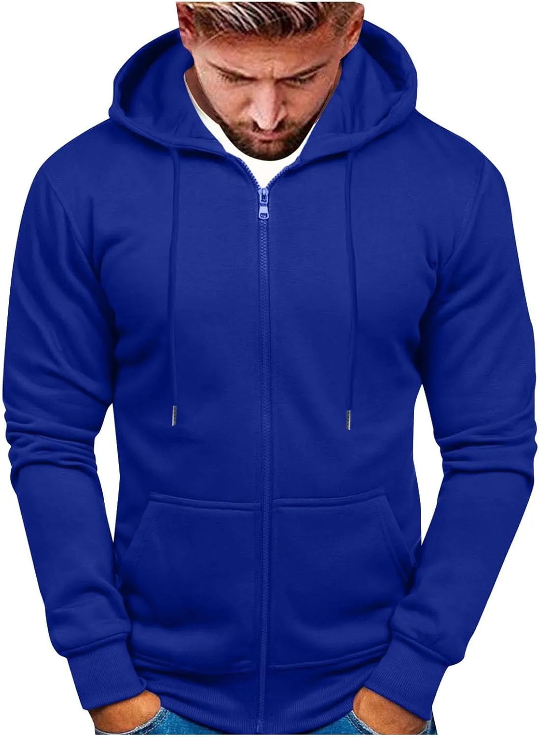 Mens Hoodies,Men's Slim Fit Long Sleeve Lightweight Zip-up Solid Hoodie with Kanga Pocket Hooded Sweatshirts Sweaters
