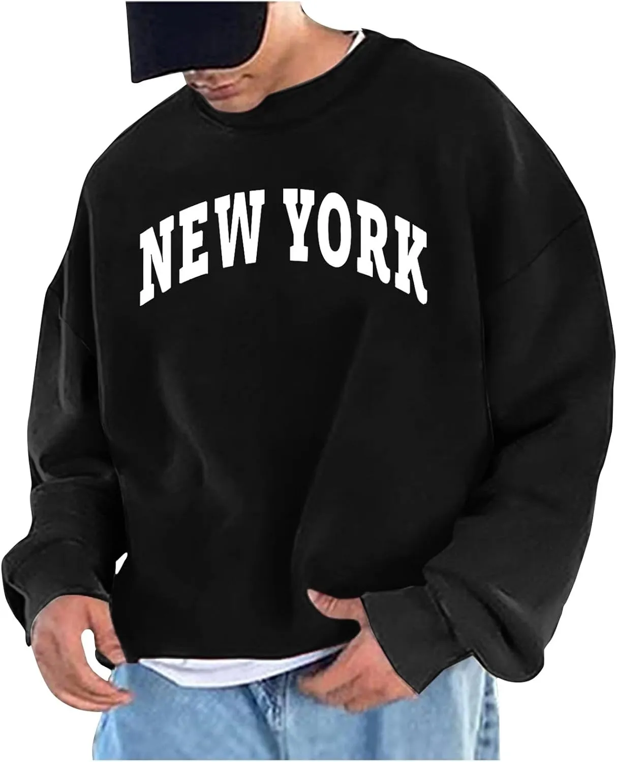 Men's Letter Graphic Print Pullover Crewneck New York Sweatshirt Casual Long Sleeve Tops Oversized Streetwear