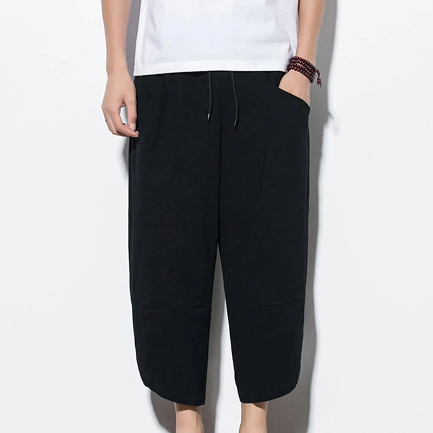 Men's Linen Pants Casual Pants Drawstring Beach Pants Relaxed-Fit Yoga Pants Soft Elastic Waist Pants