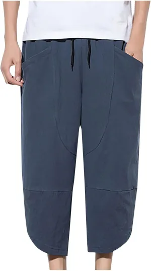 Men's Linen Pants Casual Pants Drawstring Beach Pants Relaxed-Fit Yoga Pants Soft Elastic Waist Pants
