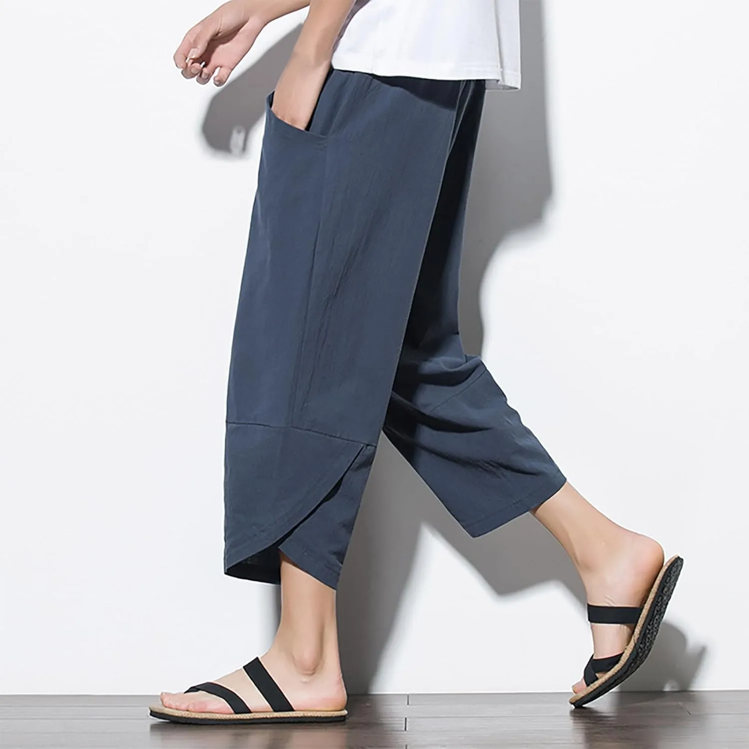 Men's Linen Pants Casual Pants Drawstring Beach Pants Relaxed-Fit Yoga Pants Soft Elastic Waist Pants