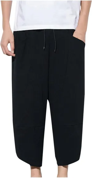 Men's Linen Pants Casual Pants Drawstring Beach Pants Relaxed-Fit Yoga Pants Soft Elastic Waist Pants