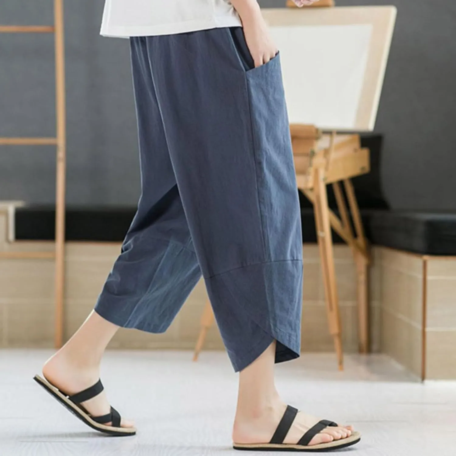 Men's Linen Pants Casual Pants Drawstring Beach Pants Relaxed-Fit Yoga Pants Soft Elastic Waist Pants