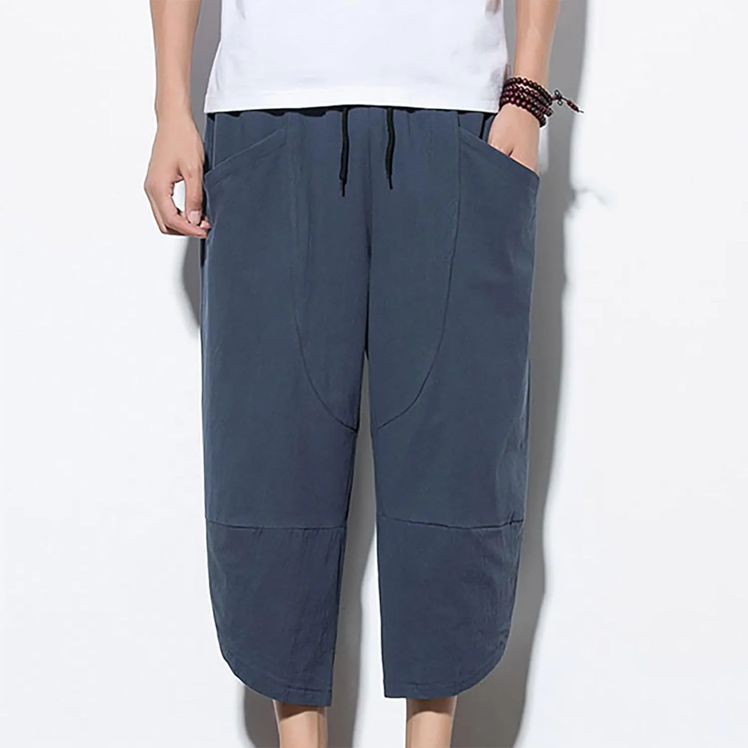 Men's Linen Pants Casual Pants Drawstring Beach Pants Relaxed-Fit Yoga Pants Soft Elastic Waist Pants