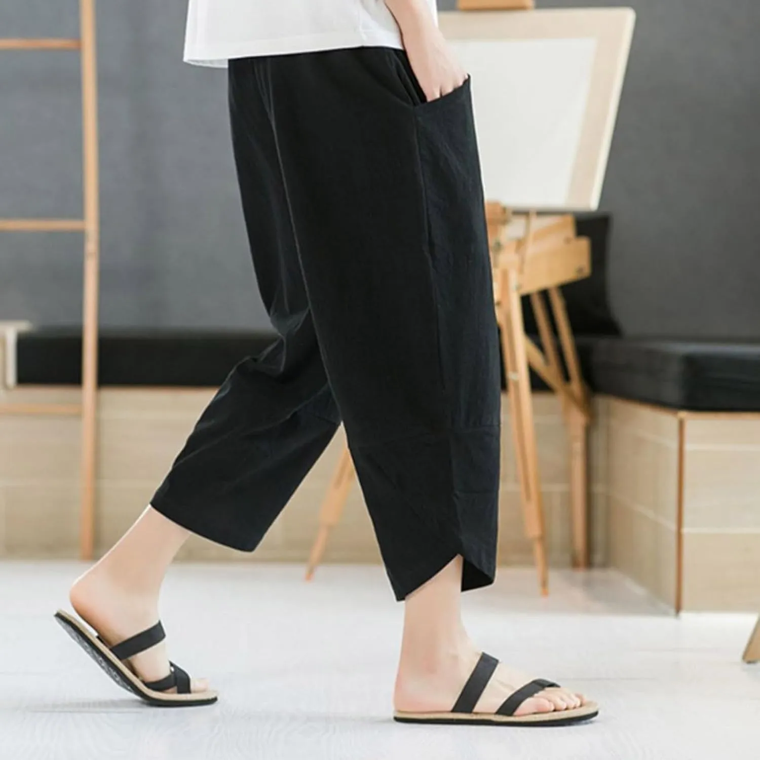 Men's Linen Pants Casual Pants Drawstring Beach Pants Relaxed-Fit Yoga Pants Soft Elastic Waist Pants
