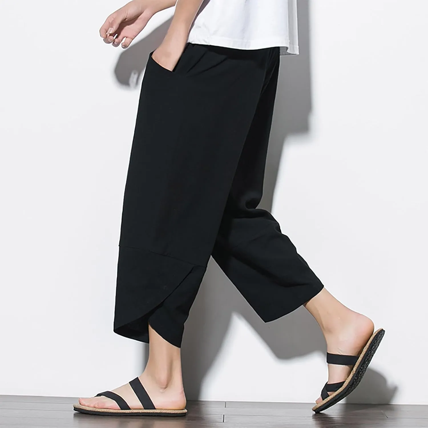 Men's Linen Pants Casual Pants Drawstring Beach Pants Relaxed-Fit Yoga Pants Soft Elastic Waist Pants