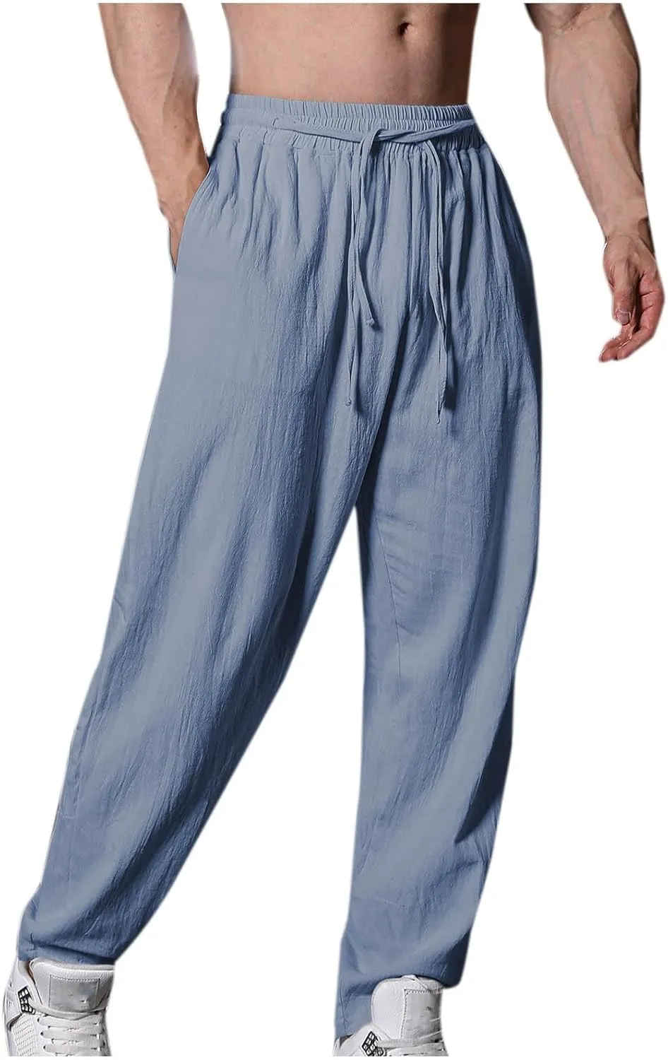 Men's Linen Pants Solid Color Elastic Waist Pants Relaxed Drawstring Pants Active Chinos Pants Comfy Joggers Pants