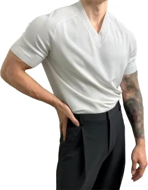 Mens V-Neck Knit Casual Pullover Tops Short Sleeve Gym Athletic T Shirt Thin Solid Color Slim Fit T-Shirts