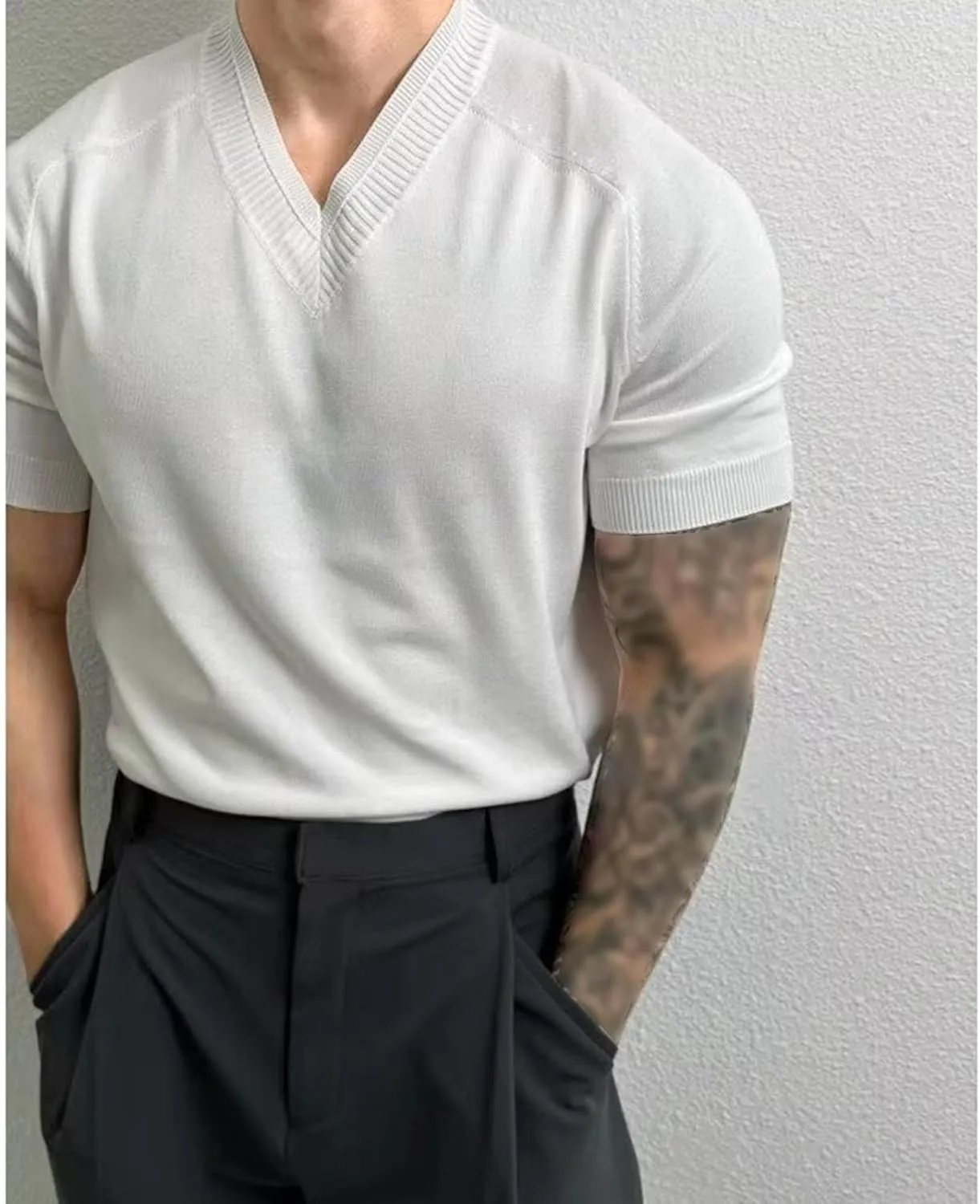 Mens V-Neck Knit Casual Pullover Tops Short Sleeve Gym Athletic T Shirt Thin Solid Color Slim Fit T-Shirts