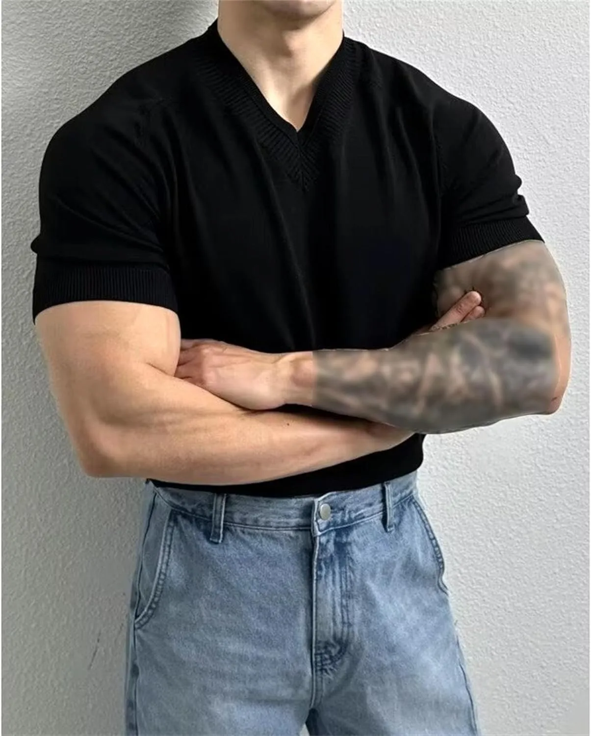 Mens V-Neck Knit Casual Pullover Tops Short Sleeve Gym Athletic T Shirt Thin Solid Color Slim Fit T-Shirts