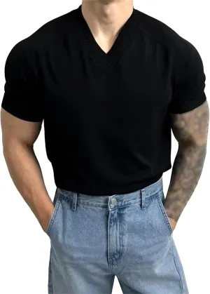 Mens V-Neck Knit Casual Pullover Tops Short Sleeve Gym Athletic T Shirt Thin Solid Color Slim Fit T-Shirts