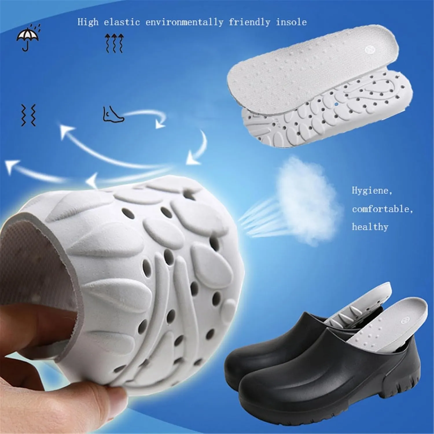 Men's Wide Anti-Slip Chef Shoes, Slip-On EVA Waterproof Oil Resistant Chef Work Shoes for Men, Lightweight Thick Bottom Food Service Shock Absorbing Clog, for Chef, Nurse, Garden