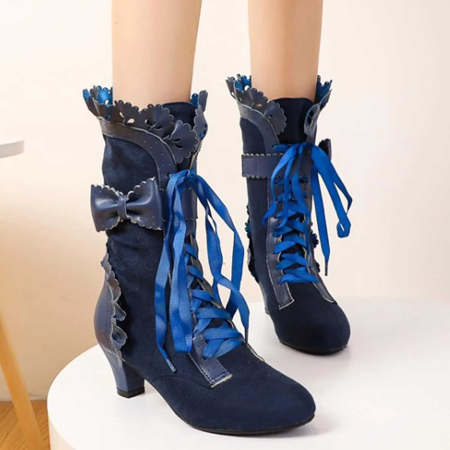 Mid Calf Boots for Women, Lace Up Victorian Boots Dress Riding Fall Shoes Vintage Witch Mid Calf Up Combat Boots With Bow