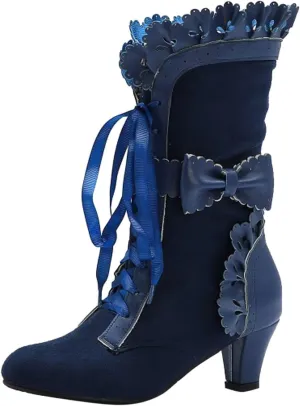Mid Calf Boots for Women, Lace Up Victorian Boots Dress Riding Fall Shoes Vintage Witch Mid Calf Up Combat Boots With Bow