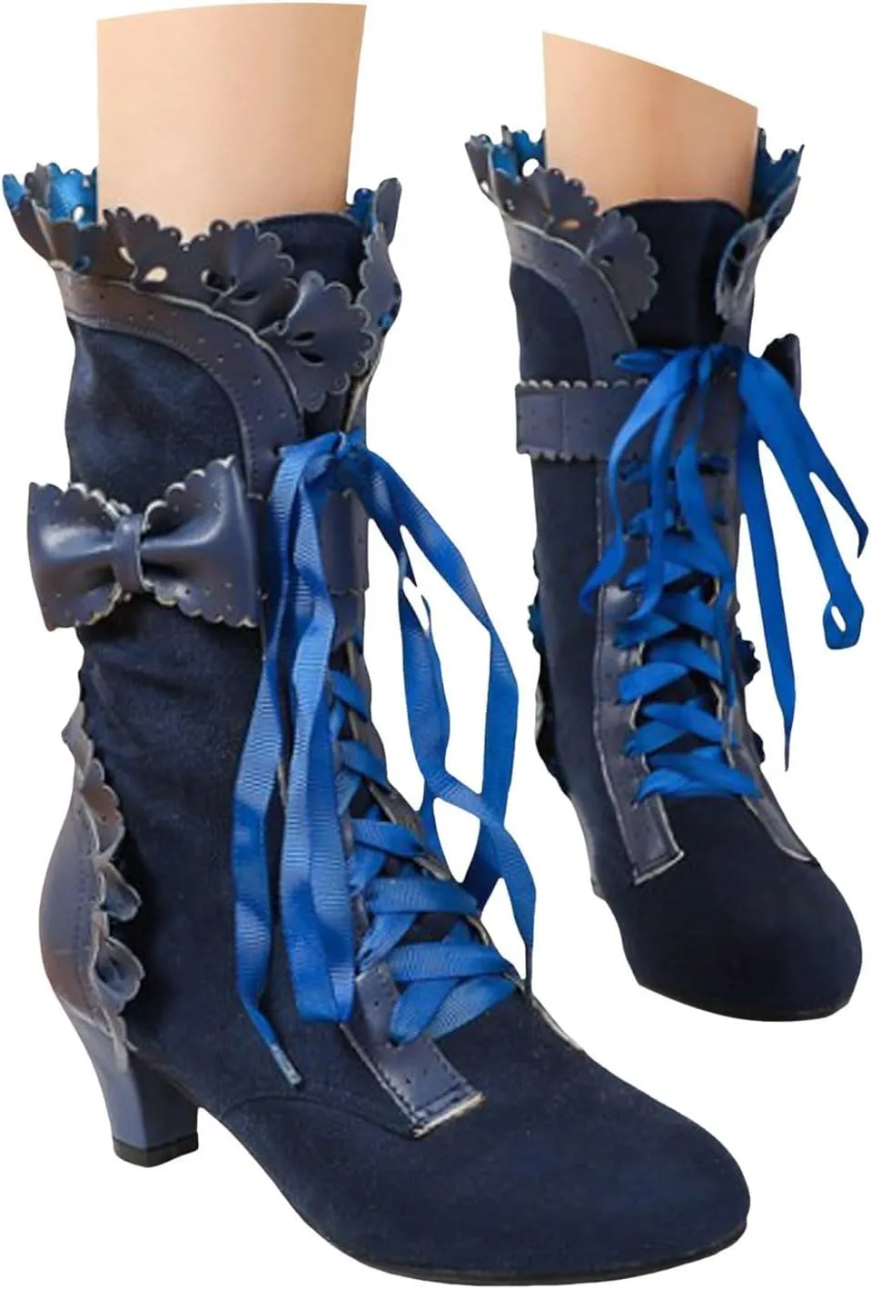 Mid Calf Boots for Women, Lace Up Victorian Boots Dress Riding Fall Shoes Vintage Witch Mid Calf Up Combat Boots With Bow