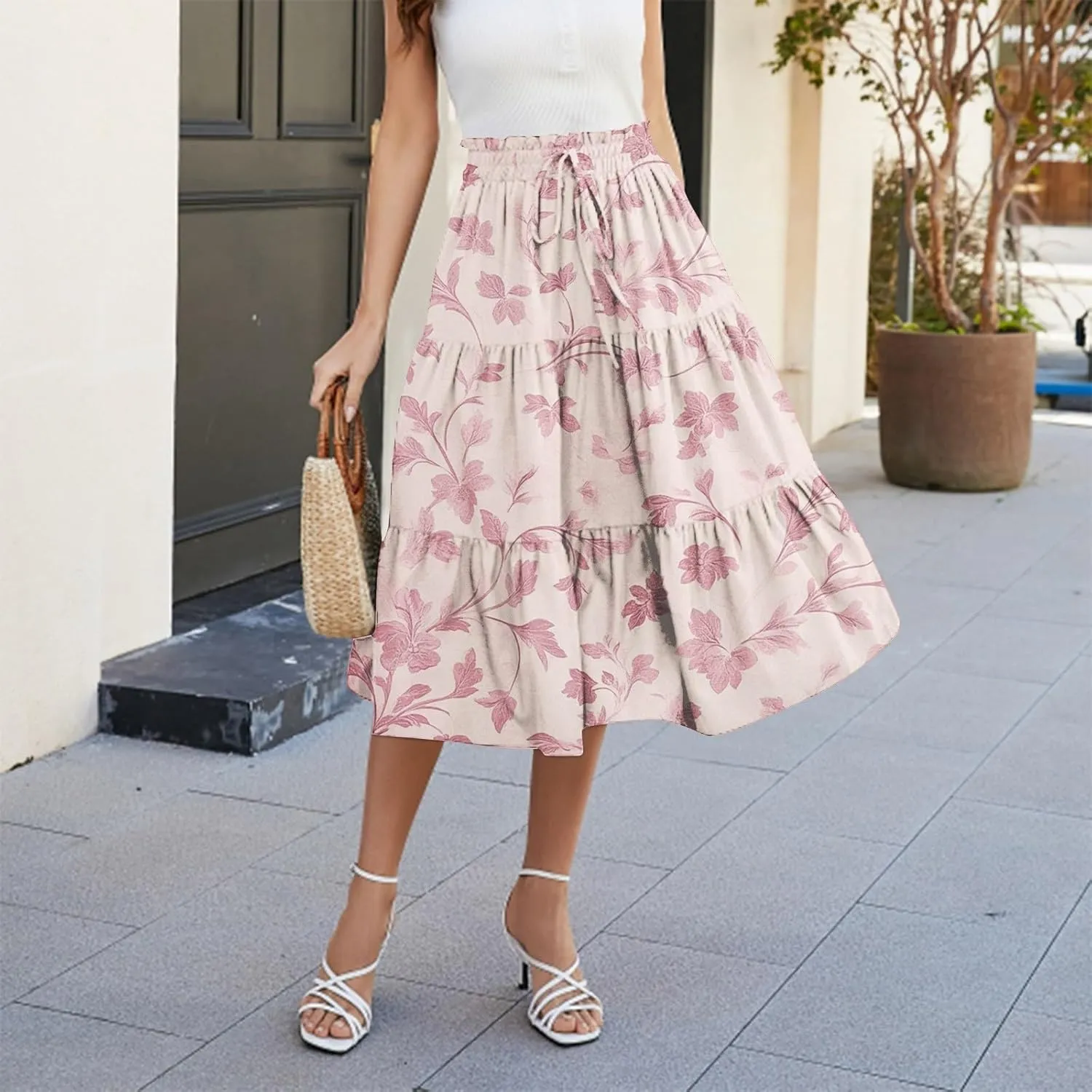 Midi Skirts for Women-2025 Summer Elegant Pleated Floral Skirts Elastic Waisted Tie Front Plus Size Ruffle Skirt