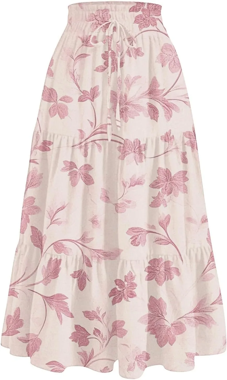 Midi Skirts for Women-2025 Summer Elegant Pleated Floral Skirts Elastic Waisted Tie Front Plus Size Ruffle Skirt