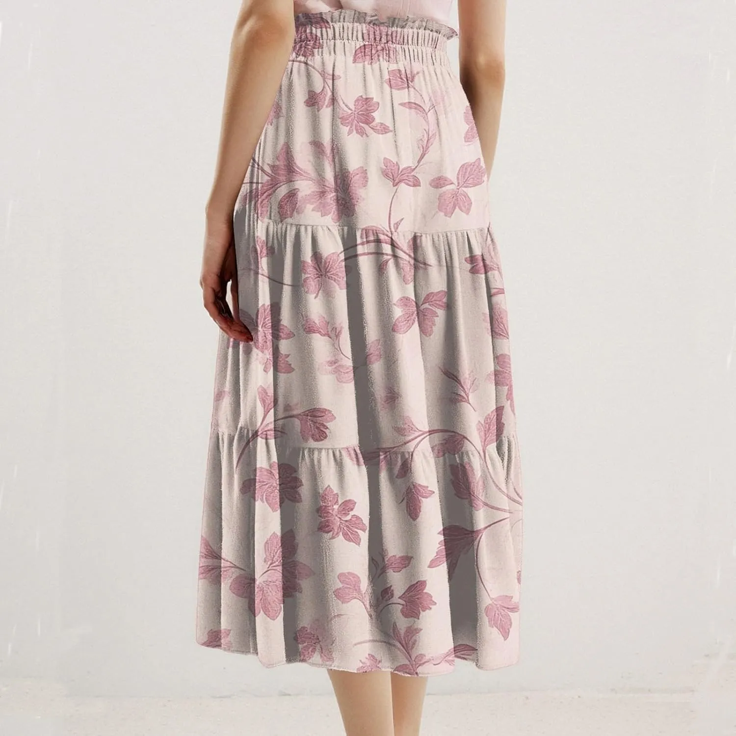 Midi Skirts for Women-2025 Summer Elegant Pleated Floral Skirts Elastic Waisted Tie Front Plus Size Ruffle Skirt