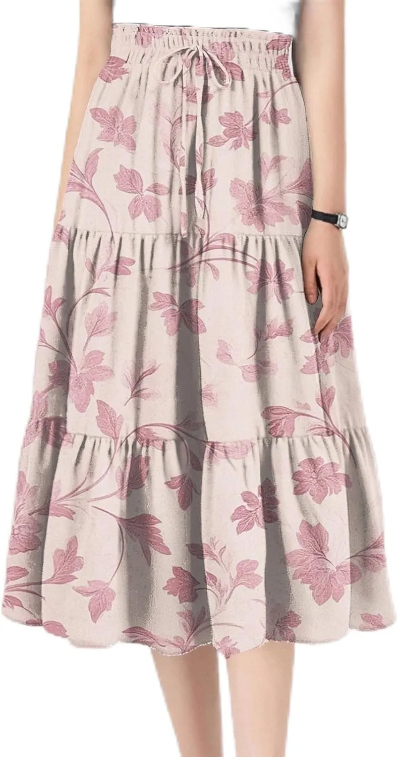 Midi Skirts for Women-2025 Summer Elegant Pleated Floral Skirts Elastic Waisted Tie Front Plus Size Ruffle Skirt