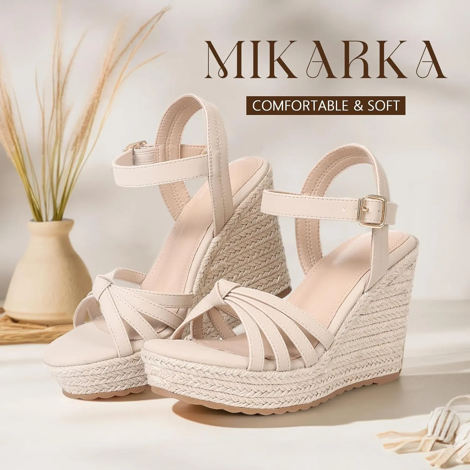 mikarka Wedge Sandals for Women: Open Toe Wedges Heels for Women - Comfortable Braided Summer Espadrilles Wedges Ankle Strap Platform High Heels Vacation Shoes