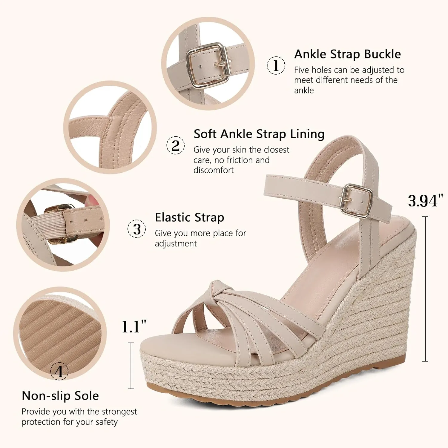 mikarka Wedge Sandals for Women: Open Toe Wedges Heels for Women - Comfortable Braided Summer Espadrilles Wedges Ankle Strap Platform High Heels Vacation Shoes
