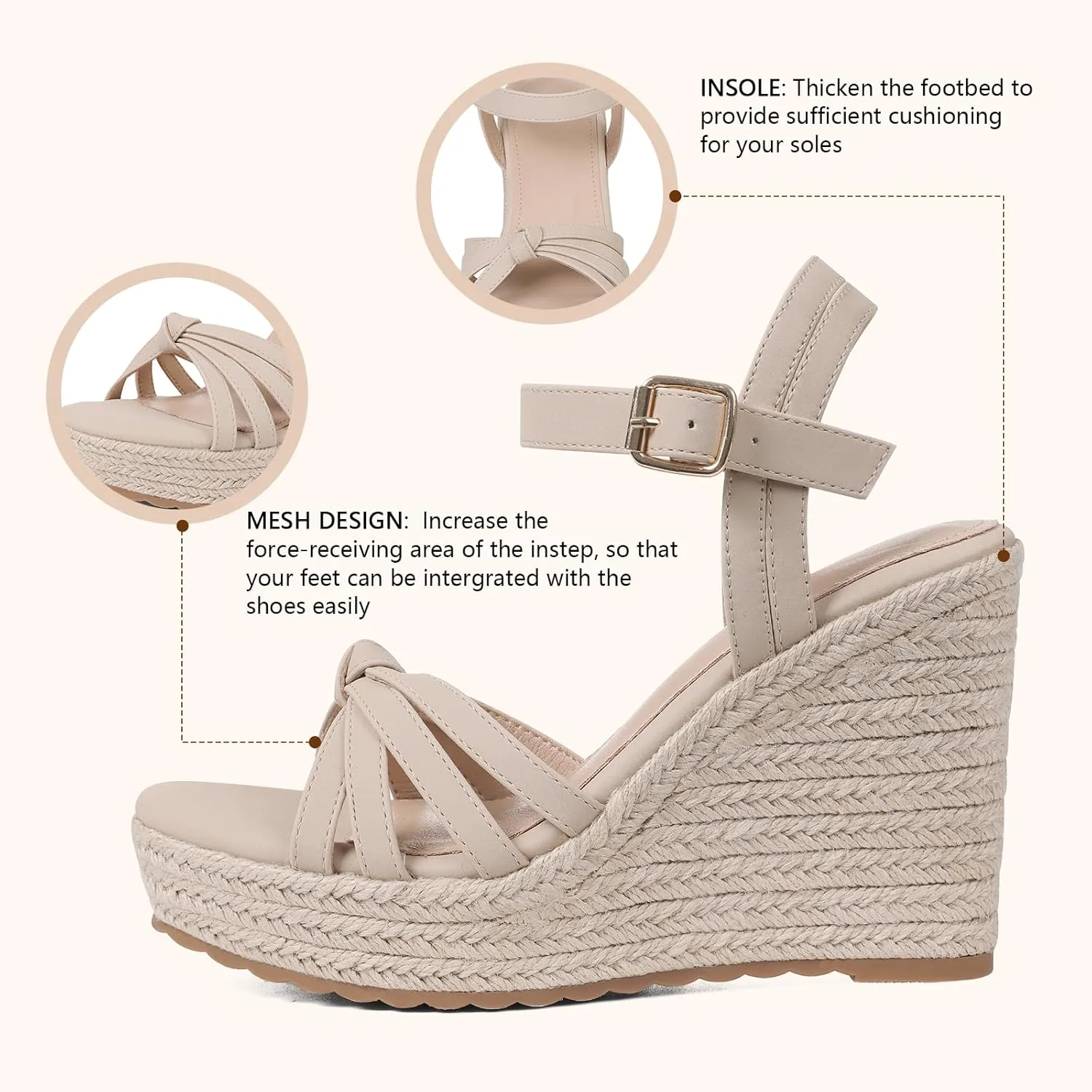 mikarka Wedge Sandals for Women: Open Toe Wedges Heels for Women - Comfortable Braided Summer Espadrilles Wedges Ankle Strap Platform High Heels Vacation Shoes