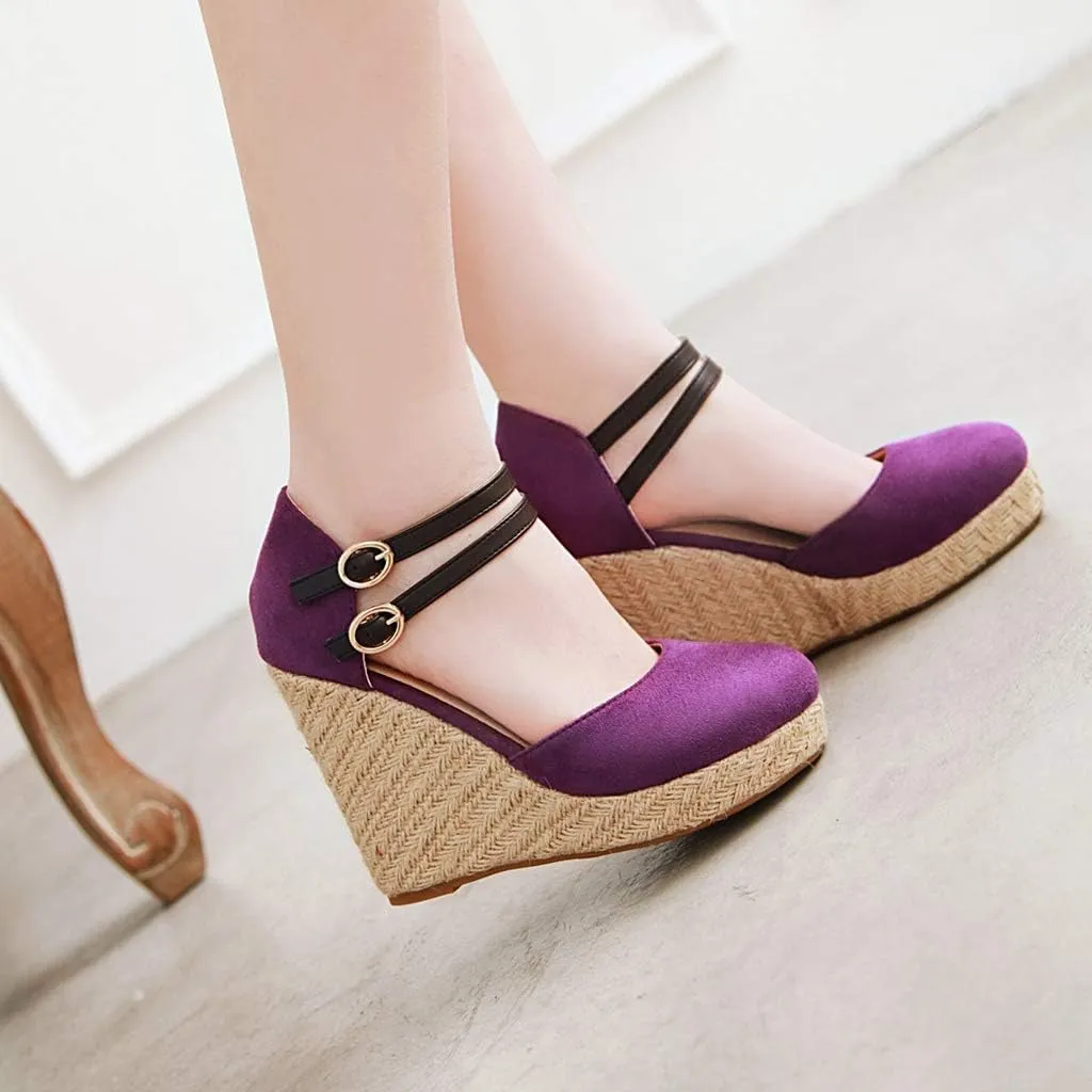 MIOKE Women's Espadrille Wedge Sandals Round Toe Buckle Ankle Strap Platform Chunky High Heel Dress Shoes