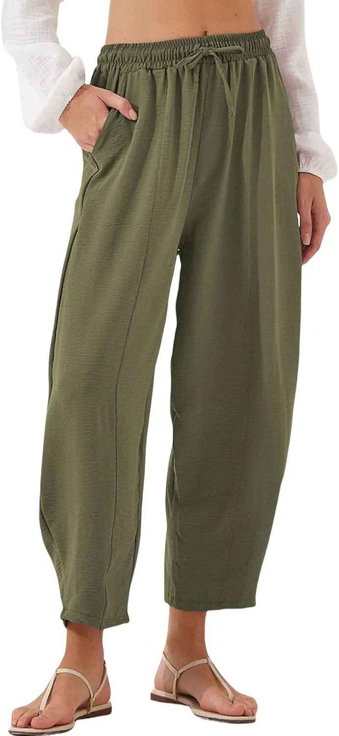 Mmoneyake Women Baggy Palazzo Pants Drawstring Casual Lounge Pant Ankle Length Trouser Slacks Beach Travel Vacation Clothes