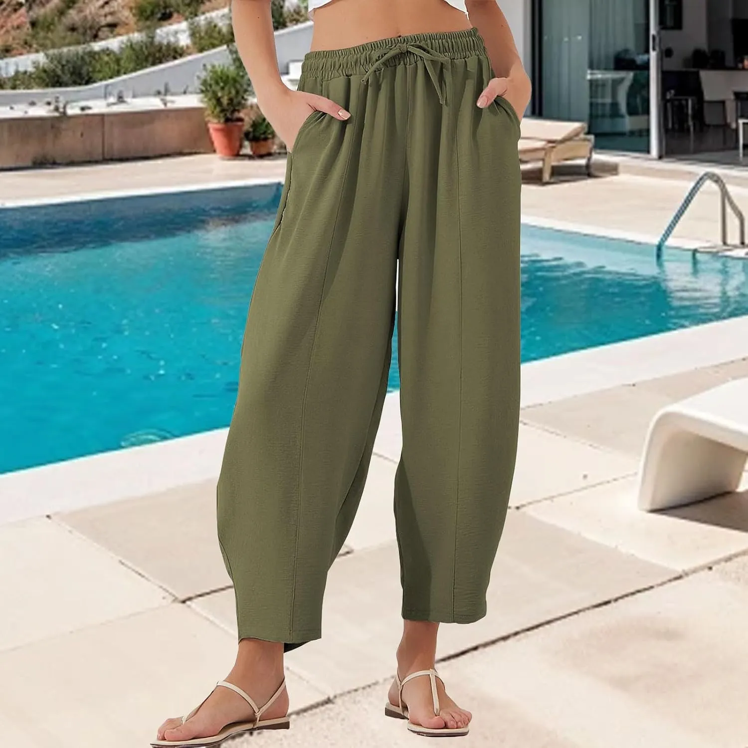 Mmoneyake Women Baggy Palazzo Pants Drawstring Casual Lounge Pant Ankle Length Trouser Slacks Beach Travel Vacation Clothes