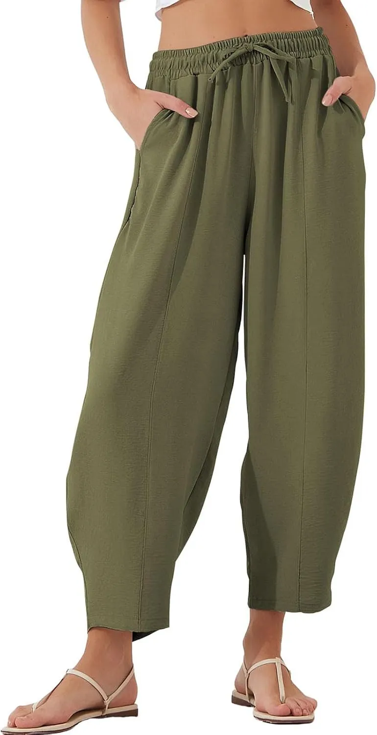 Mmoneyake Women Baggy Palazzo Pants Drawstring Casual Lounge Pant Ankle Length Trouser Slacks Beach Travel Vacation Clothes