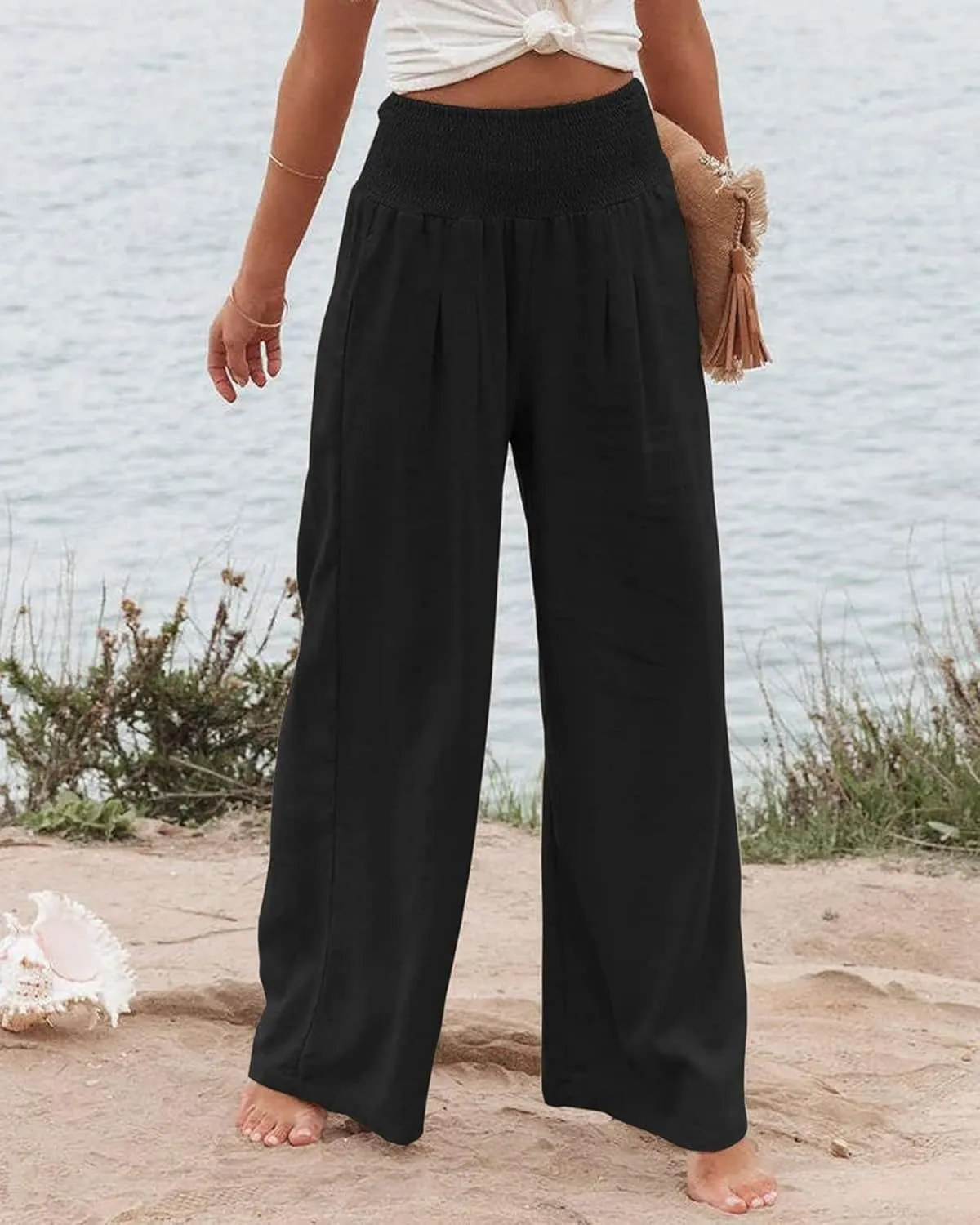 Mmoneyake Women's Linen Palazzo Pants High Waist Wide Leg Pant Lounge Casual Beach Pants Travel Vacation Outfits with Pockets