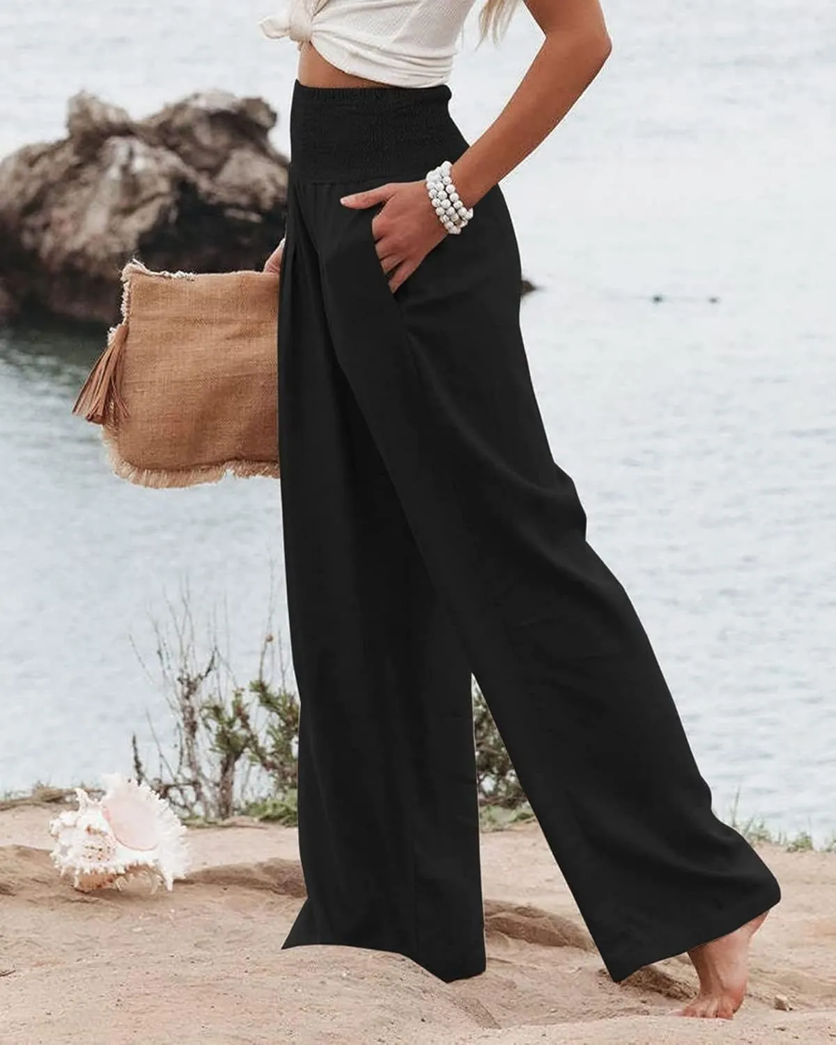 Mmoneyake Women's Linen Palazzo Pants High Waist Wide Leg Pant Lounge Casual Beach Pants Travel Vacation Outfits with Pockets