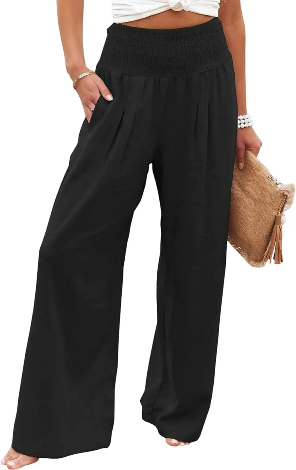 Mmoneyake Women's Linen Palazzo Pants High Waist Wide Leg Pant Lounge Casual Beach Pants Travel Vacation Outfits with Pockets