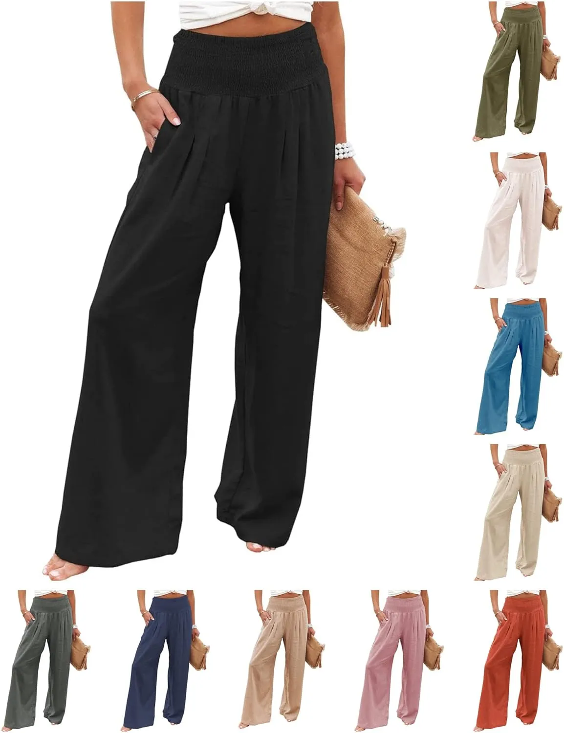 Mmoneyake Women's Linen Palazzo Pants High Waist Wide Leg Pant Lounge Casual Beach Pants Travel Vacation Outfits with Pockets
