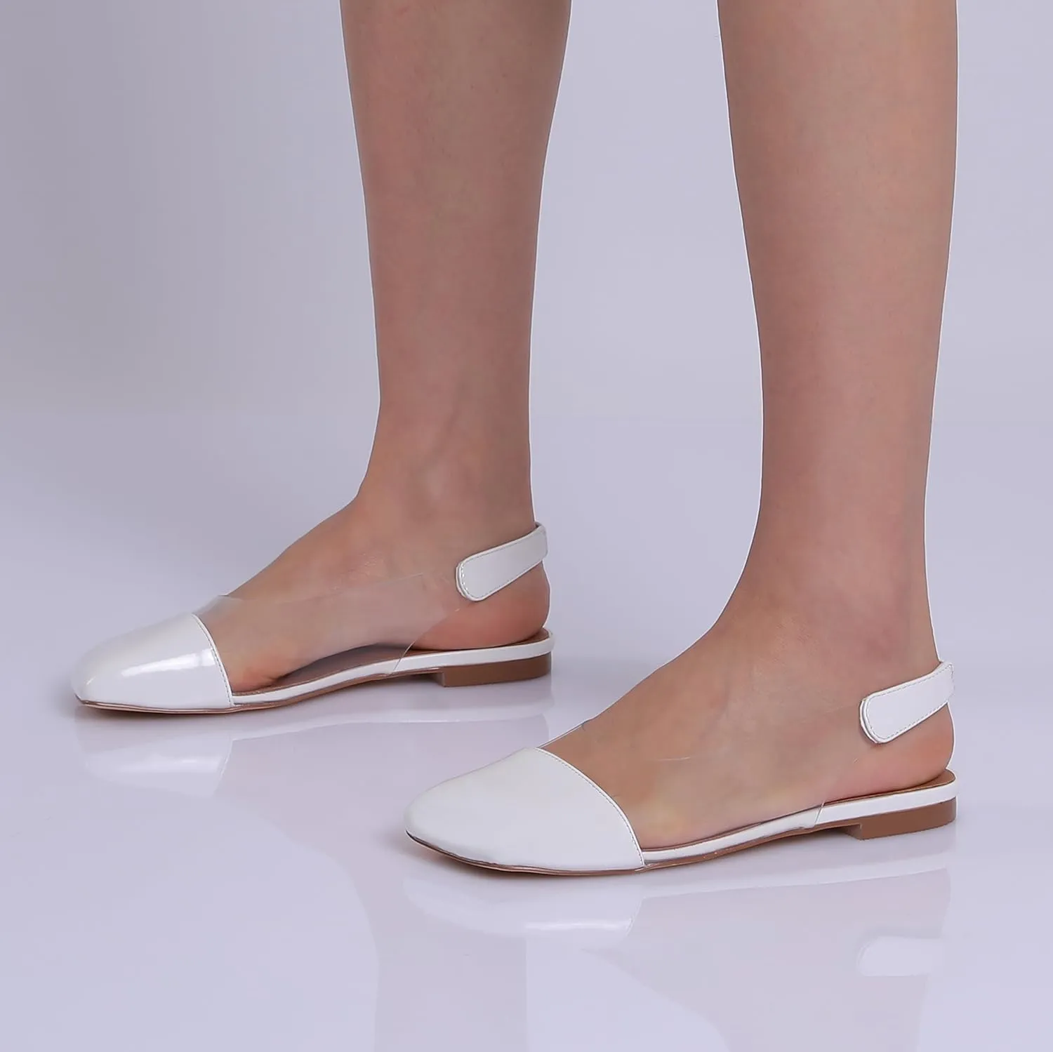 Mofirdast Clear Flats Sandals for Women Square Toe Slingback Flats with Transparent Ankle Strap for Work Weddings Parties