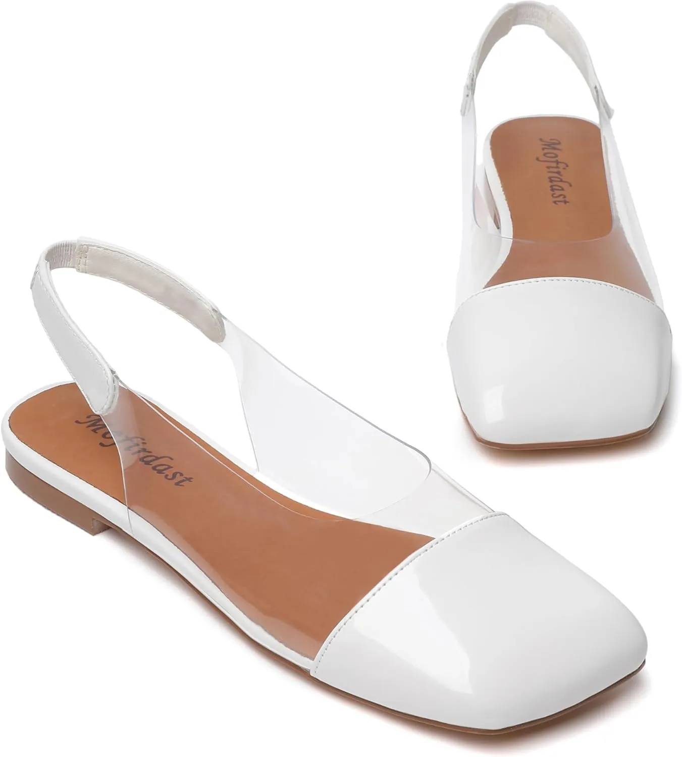 Mofirdast Clear Flats Sandals for Women Square Toe Slingback Flats with Transparent Ankle Strap for Work Weddings Parties