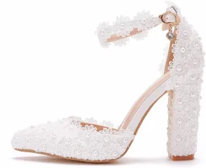 MYFSPORTS Wedding Shoes High Heels 7Cm White Lace Pointed Toe Women's Shoes Lace Wedding Dress Shoes Spring Chunky Heel Sandals