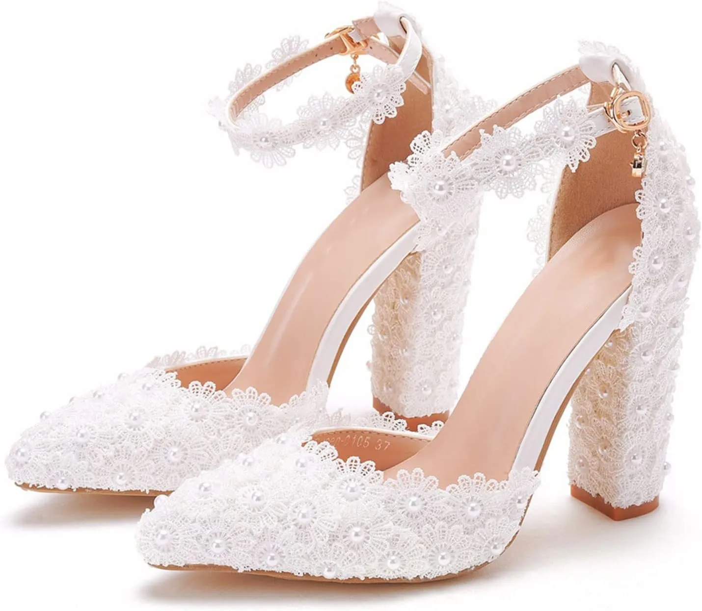 MYFSPORTS Wedding Shoes High Heels 7Cm White Lace Pointed Toe Women's Shoes Lace Wedding Dress Shoes Spring Chunky Heel Sandals