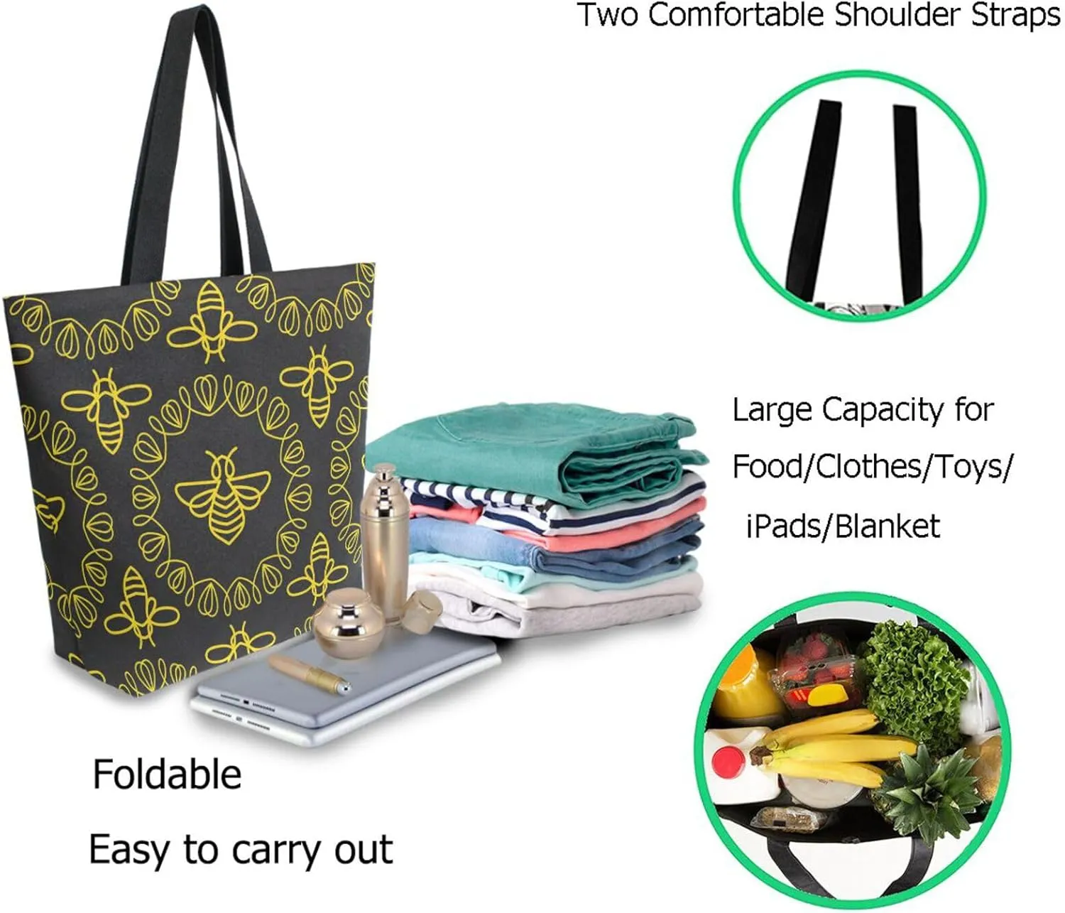 Naanle Ethnic Round Bee Floral Extra Large Tote Long Handle Bags Canvas Reusable Market Beach Travel Gym Shopping Shoulder Bag