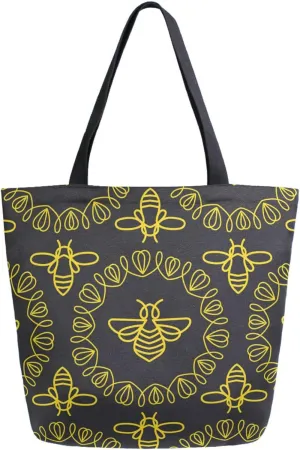 Naanle Ethnic Round Bee Floral Extra Large Tote Long Handle Bags Canvas Reusable Market Beach Travel Gym Shopping Shoulder Bag