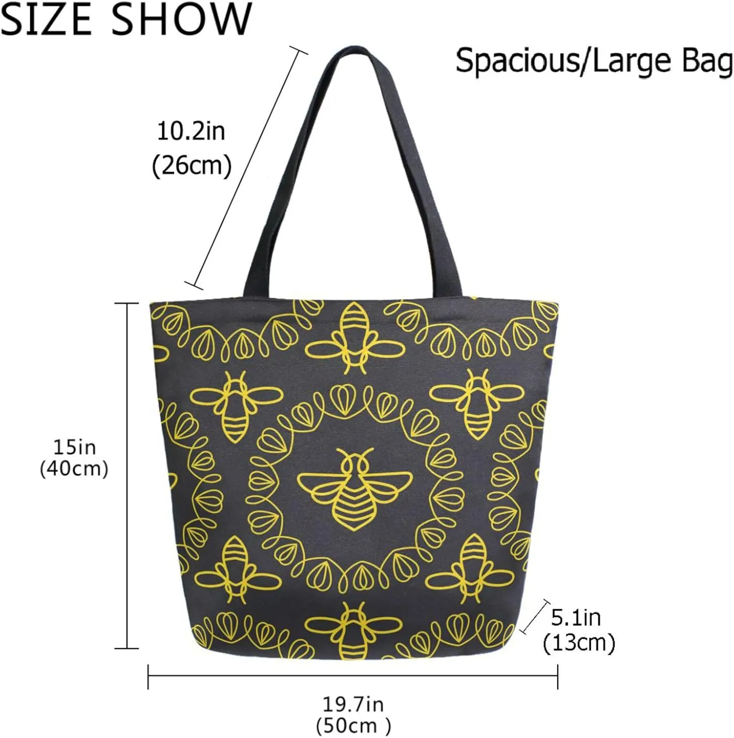 Naanle Ethnic Round Bee Floral Extra Large Tote Long Handle Bags Canvas Reusable Market Beach Travel Gym Shopping Shoulder Bag