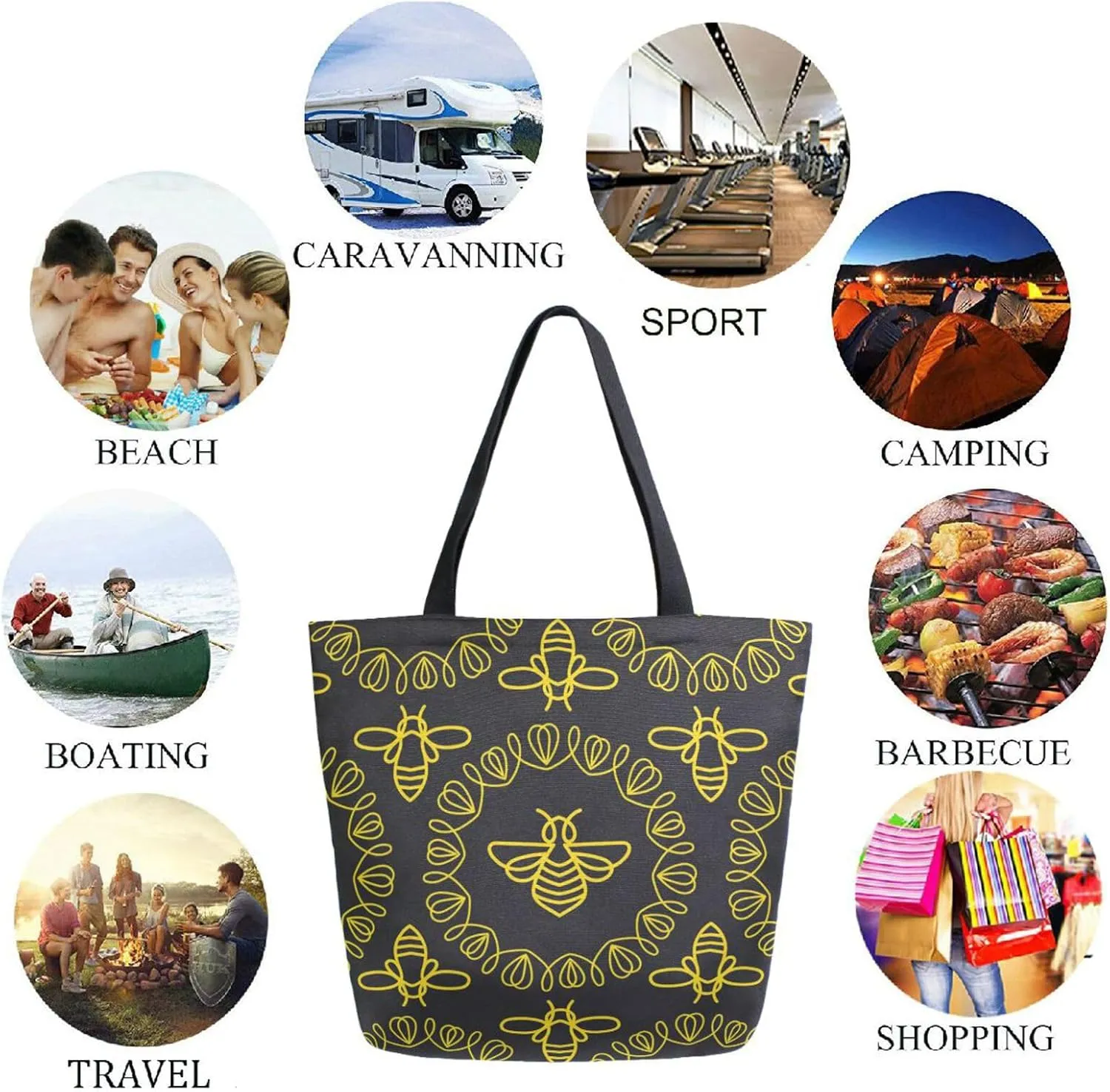 Naanle Ethnic Round Bee Floral Extra Large Tote Long Handle Bags Canvas Reusable Market Beach Travel Gym Shopping Shoulder Bag