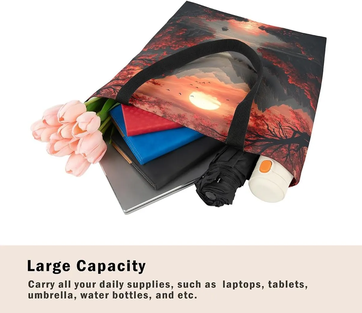 Natural Scenery Canvas Tote Bags for Women,Dreamy Landscape Theme Shoulder Handbags 19.7x15.7 Inch,Large Capacity