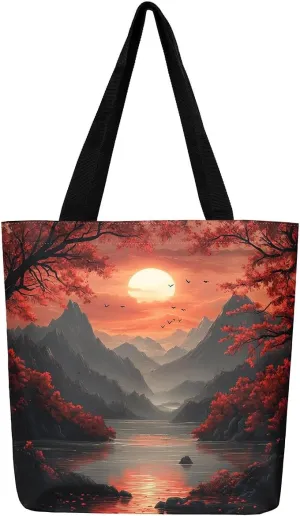 Natural Scenery Canvas Tote Bags for Women,Dreamy Landscape Theme Shoulder Handbags 19.7x15.7 Inch,Large Capacity