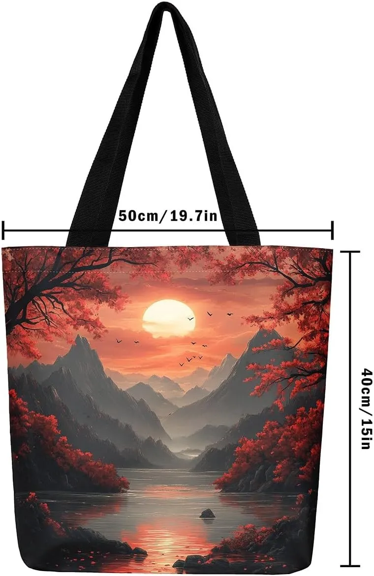 Natural Scenery Canvas Tote Bags for Women,Dreamy Landscape Theme Shoulder Handbags 19.7x15.7 Inch,Large Capacity