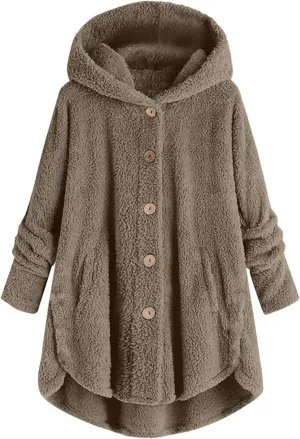 nerohusy Warm Jackets Women Fashion Furry Sherpa Jacket with Hoodie Warm Winter Sherpa Coat Oversized Long Sleeve Outerwear