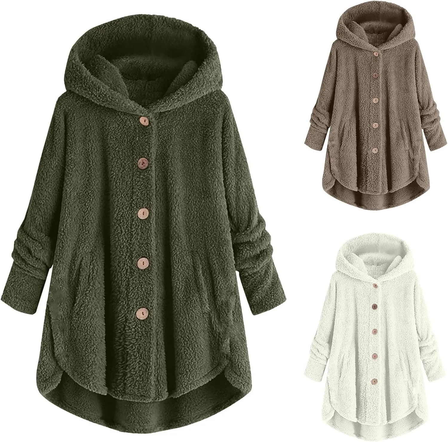 nerohusy Warm Jackets Women Fashion Furry Sherpa Jacket with Hoodie Warm Winter Sherpa Coat Oversized Long Sleeve Outerwear