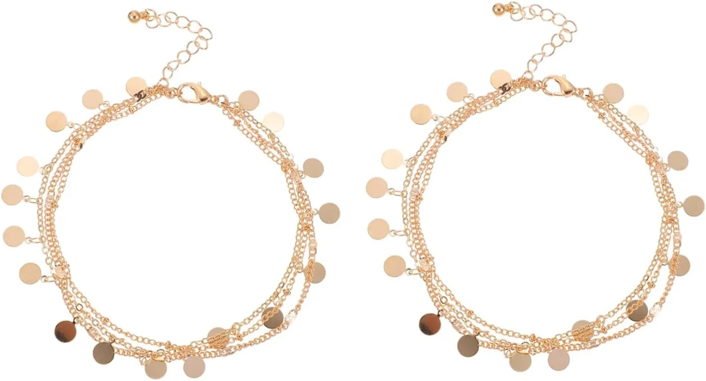 NOLITOY 2pcs Metal Sequined Anklet Foot Chains Gold Plated for Women Boho Style